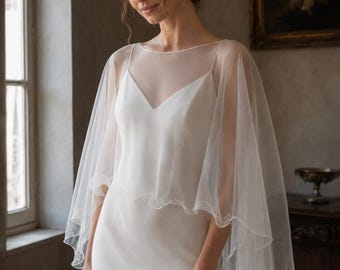Sheer Bridal Cape, Wedding Dress Topper, Light Ivory Tulle Capelet, Bridal Cover Up, High Low Wedding Cape