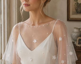 Floral Pearl Bridal Cape, Wedding Dress Topper, Sheer Tulle Capelet, Light Ivory Bridal Cover Up