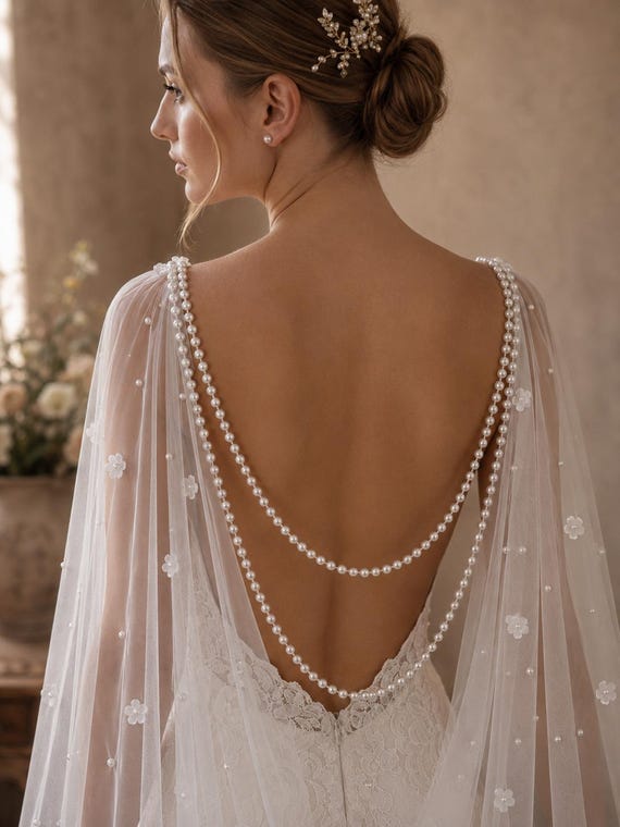 Floral Pearl Bridal Cape, Long Tulle Wedding Cape Veil, Sheer Flower Wedding Dress Topper, Romantic Bridal Shoulder Cape