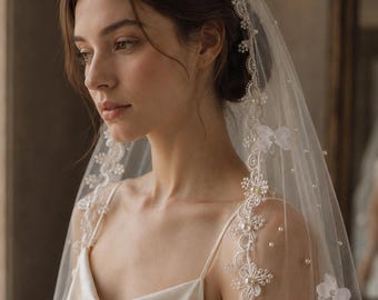 Pearl Floral Lace Bridal Veil, Fingertip Wedding Veil with 3D Flowers, Beaded Lace Edge Soft Tulle Veil