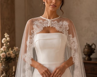Lace Bridal Cape, Cathedral Wedding Cape, Sheer Tulle Cape with Floral Lace Edge, Long Lace Bridal Cover Up, Light Ivory Wedding Cape