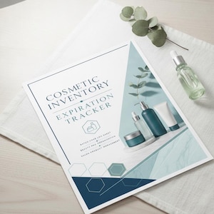 May include: A white paper sheet titled COSMETIC INVENTORY EXPIRATION TRACKER with dark blue text and geometric accents. The design features a teal triangular section displaying illustrations of skincare bottles and a jar, with hexagonal shapes below.