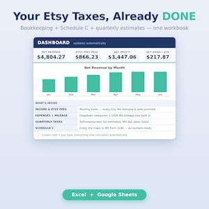 Etsy Seller Tax Prep-kalkylblad, bokföring i schema C, inkomst- och utgiftsspårning (Excel + Google Sheets)
