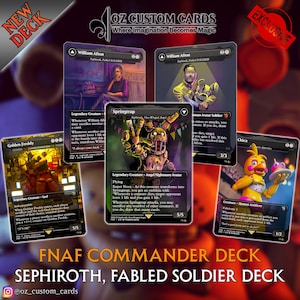 May include: A collection of five custom trading cards featuring Five Nights at Freddy's characters including William Afton, Springtrap, Golden Freddy, and Chica. The cards display detailed character illustrations, game text, and black borders.