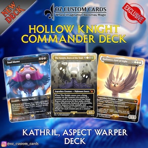 Op de afbeelding: Drie aangepaste ruilkaarten uit een Hollow Knight Commander-deck met Soul Master, The Knight, Born of the Void en Radiance, God of Light. De kaarten tonen gedetailleerde karakterillustraties, speltekst en mana-symbolen.