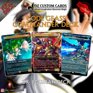 May include: A Code Geass Commander Deck set featuring three custom trading cards. The cards display illustrations of C.C., Lelouch vi Britannia, and Lancelot Albion with detailed text, game stats, and vibrant colours against a dark background.
