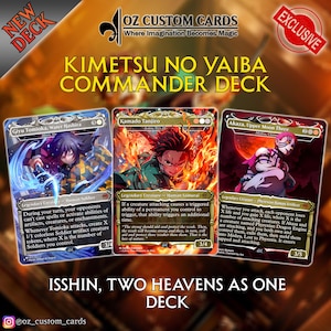 May include: Three custom trading cards from the Kimetsu No Yaiba Commander Deck by Oz Custom Cards. The cards feature Giyu Tomioka, Kamado Tanjiro, and Akaza, each with detailed character illustrations, game text, and power/toughness stats.