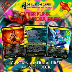 Peut inclure: Un jeu de cartes Cyberpunk Commander comprenant trois cartes à collectionner personnalisées intitulées Johnny Silverhand, David Martinez et Lucy Kushinada. Les cartes présentent des illustrations de personnages, du texte et des statistiques.