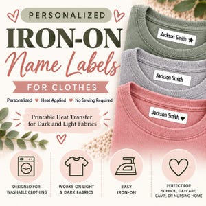 May include: White rectangular iron-on name labels for clothes, each printed with the name Jackson Smith and a small icon of a star or heart. The labels are shown applied to olive green, gray, and pink fabric collars with text overlays.