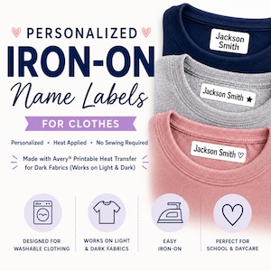 May include: White rectangular iron-on name labels with black text reading Jackson Smith, applied to navy blue, gray, and pink fabric collars. The text includes Personalized Iron-On Name Labels For Clothes, Made with Avery Printable Heat Transfer.