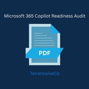 Puede incluir: Un icono de documento digital con un gráfico de archivo PDF azul claro sobre un fondo azul oscuro. El texto dice Microsoft 365 Copilot Readiness Audit en la parte superior y TenantwiseCo en la parte inferior, representando un informe de auditoría.