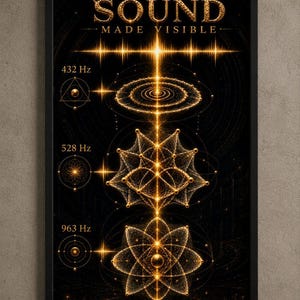 May include: A framed wall art print titled SOUND MADE VISIBLE in gold lettering against a black background. It features three glowing golden geometric patterns labeled 432 Hz, 528 Hz, and 963 Hz, with a central vertical light beam and wave graphic.