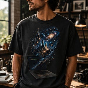 Op de afbeelding: Een antracietgrijs t-shirt met een grafische print van een laptop die code toont die verandert in een futuristische stadsskyline, een spiraalstelsel en zwevende asteroïden. De tekst ONE LINE BUILDS WORLDS staat op de basis van de laptop.
