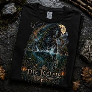 May include: A black t-shirt featuring a detailed graphic of a dark horse rising from water, surrounded by Celtic-inspired patterns, lanterns, and a skull. The text reads THE KELPIE DON'T FOLLOW THE WATER in a stylized font at the bottom of the design.