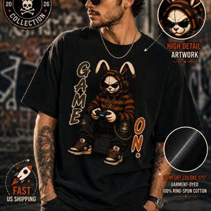 Gamer Bunny Graphic Tee, Comfort Colors 1717, Streetwear Rabbit Controller Art