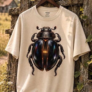 Pode incluir: Uma t-shirt bege de manga curta com um gráfico grande e detalhado de um besouro escuro e iridescente com um efeito de luz brilhante entre as asas. A peça tem gola redonda e uma etiqueta Gildan 64000 Softstyle impressa no interior.