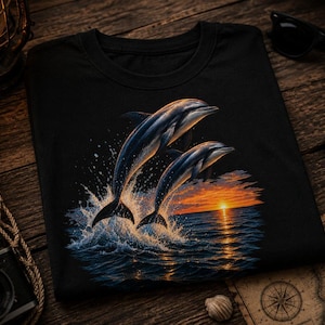 May include: A black t-shirt featuring a graphic print of two dolphins leaping out of the ocean water. The scene depicts a sunset over the sea with bright orange and yellow light reflecting on the waves, accompanied by white water splashes.