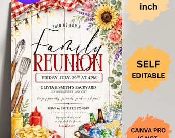 Family Reunion Invitation Template, BBQ Picnic Invite, Rustic Gingham Party, Editable Canva