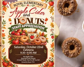 Apple Cider & Donuts Staff Appreciation Flyer Template | Fall Teacher Event (Editable Canva)