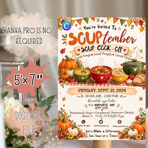 May include: A 5'x7' digital event flyer for a SOUPtember soup cook-off on Sunday, Sept 21, 2026, at Riverdale xyz Center. The flyer features autumn-themed illustrations of pumpkins, bowls of soup, and bread, with contact details and event info.