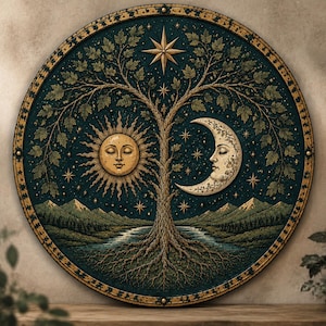 Può includere: Una placca da parete circolare raffigurante un albero centrale con radici profonde, un sole con volto umano a sinistra e una luna crescente con volto umano a destra. Lo sfondo mostra un cielo blu scuro con stelle, montagne e un fiume.