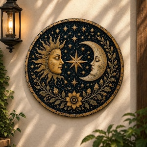 Puede incluir: Una placa de pared circular con un rostro de sol dorado a la izquierda y un rostro de luna creciente dorado a la derecha, sobre un fondo azul oscuro lleno de estrellas doradas. Una estrella dorada se sitúa en el centro y enredaderas florales doradas enmarcan la parte inferior.