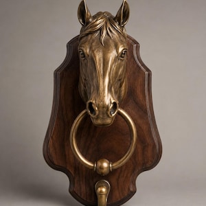Puede incluir: Un llamador de puerta con forma de cabeza de caballo color bronce montado sobre una placa de madera marrón oscuro. La cabeza de caballo presenta rasgos detallados y un anillo circular en la boca. Debajo del anillo, un gancho está fijado.