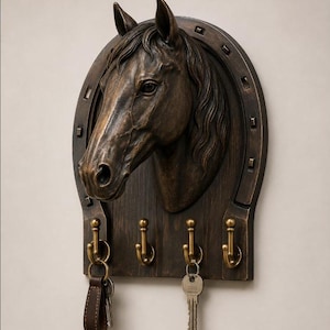 Puede incluir: Un soporte de pared para llaves de color marrón oscuro con una cabeza de caballo esculpida dentro de un marco en forma de herradura. La pieza incluye cuatro ganchos de metal color latón, con un llavero de cuero y una llave colgados.