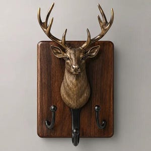 Könnte beinhalten: Eine Wandgarderobe mit einer rechteckigen, dunkelbraunen Holzplatte und einer zentralen, bronzefarbenen Hirschkopfskulptur. Drei schwarze Metallhaken sind am unteren Teil des Holzbretts befestigt, um Gegenstände daran aufzuhängen.