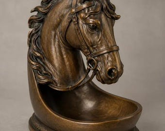 May include: A bronze-coloured horse head sculpture featuring a detailed bridle and flowing mane, integrated into a curved, bowl-shaped base with a rope-textured trim along the bottom edge, finished with a smooth, metallic patina throughout.