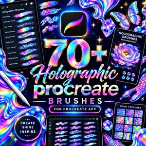 Könnte beinhalten: Eine digitale Sammlung von über 70 holografischen Procreate-Pinseln mit irisierenden Texturen, farbenfrohen Pinselstrichen, einer Schmetterlingsgrafik, einer Blumenillustration und einem Eingabestift vor einem dunklen Hintergrund mit leuchtenden Effekten.