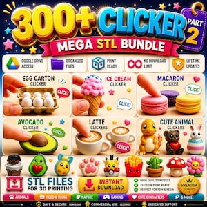Könnte beinhalten: Eine digitale Werbegrafik für ein 300+ Clicker Mega STL-Paket, das verschiedene 3D-druckbare Modelle wie Eierkartons, Eiscreme, Macarons, Avocados, Latte-Kaffees und Tierfiguren zeigt, inklusive Hinweisen auf Google Drive-Zugriff und druckfertige Dateien.