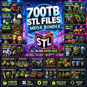 Peut inclure: Un méga pack numérique de 700 To de fichiers STL pour l'impression 3D, avec un cube central lumineux portant le texte STL. Le graphique présente diverses catégories, notamment des véhicules, des personnages RPG, des monstres et des objets déco.
