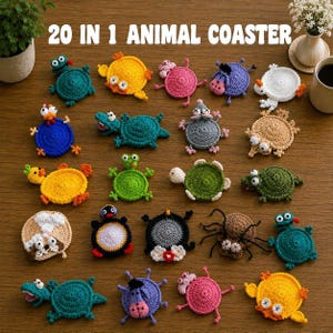 20-in-1 Animal Crochet Coaster Pattern Bundle – Cute Amigurumi Mug Rug Set – Instant PDF Download , Amigurumi Coasters , Crochet Mug Rug