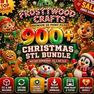 May include: A digital bundle of 900+ Christmas 3D print files titled Frosttwood Crafts, featuring cartoon characters including an elf, reindeer, gingerbread man, snowman, and penguin against a festive background with holiday text and icons.