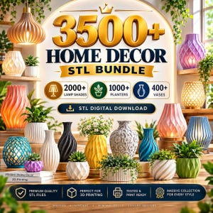 Puede incluir: Una colección digital de más de 3500 archivos STL de decoración para el hogar para impresión 3D, con más de 2000 pantallas de lámparas, 1000 maceteros y 400 jarrones. La imagen muestra varios objetos impresos en 3D coloridos y geométricos.