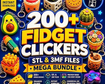 Könnte beinhalten: Eine digitale Grafik mit dem 200+ Fidget Clickers STL & 3MF Files Mega Bundle, das verschiedene bunte 3D-gedruckte Schlüsselanhänger-Designs wie Avocado, Cupcake, Bleistift, Pommes, Sukkulente, Keks, Kaktus, Blumentopf, Bubble Tea und Stern zeigt.