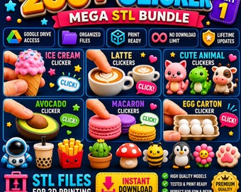 Paquete de más de 200 modelos STL de clickers, animales, comida y juguetes antiestrés, descarga digital, uso comercial.