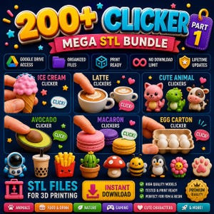 Peut inclure: Une image numérique pour un lot de 200+ modèles STL Clicker partie 1, présentant des objets imprimables en 3D comme des glaces, des cafés, des animaux, des avocats, des macarons et des œufs. Inclut des icônes pour Google Drive et fichiers prêts.