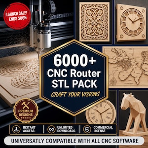 May include: A digital collection of 6000+ CNC router STL files featuring various wooden projects like clocks, maps, and geometric animal sculptures. The image displays a CNC machine carving a floral pattern and includes text: 6000+ CNC Router STL PACK.