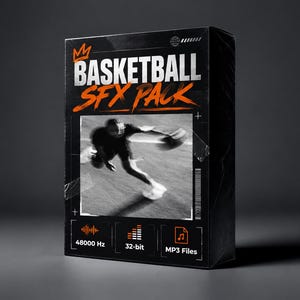 Pode incluir: Uma caixa retangular preta com o texto Basketball SFX Pack em branco e laranja. O centro exibe uma foto de ação em preto e branco de um jogador de basquete. Ícones na parte inferior indicam 48000 Hz, 32-bit e MP3 Files.
