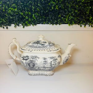 Thomas Mayer svart Staffordshire Transferware tekanna ca 1830