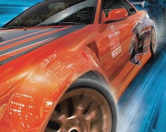 May include: A promotional poster for the video game Need for Speed Underground featuring a bright orange sports car in motion. The car displays various brand logos on its side, and the game title is printed in bold white text at the top.