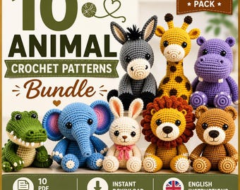 10 Amigurumi Animal Crochet Patterns Bundle | PDF Download, Giraffe, Lion, Hippo new pattern
