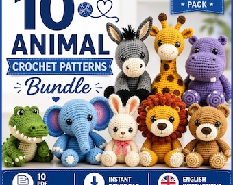 10 Amigurumi Animal Crochet Patterns Bundle | PDF Download, Giraffe, Lion, Hippo