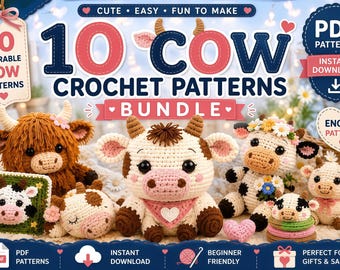 10 Cow Crochet Patterns Bundle | Highland Cow Amigurumi PDF (Instant Download)