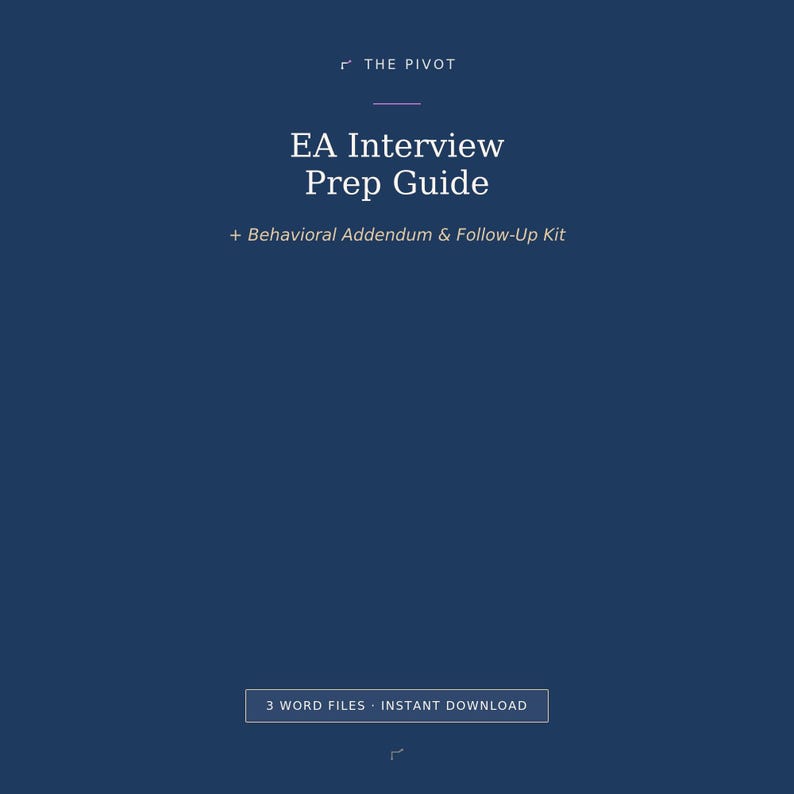 May include: A dark blue digital document cover titled THE PIVOT EA Interview Prep Guide + Behavioral Addendum & Follow-Up Kit. The bottom section features a rectangular box containing the text 3 WORD FILES &middot; INSTANT DOWNLOAD.