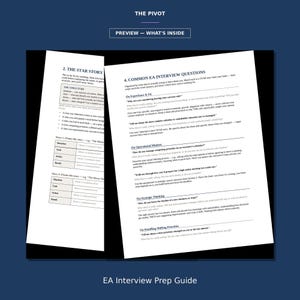 May include: A digital document titled The Pivot, featuring a preview of an EA Interview Prep Guide. The pages display text sections labeled 2. The Star Story and 4. Common EA Interview Questions, including structured tables and interview prompts.