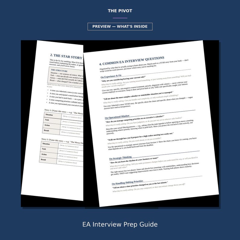 May include: A digital document titled The Pivot, featuring a preview of an EA Interview Prep Guide. The pages display text sections labeled 2. The Star Story and 4. Common EA Interview Questions, including structured tables and interview prompts.