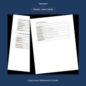 Peut inclure: Un document blanc intitul&eacute; THE PIVOT avec des sections nomm&eacute;es 1. EXECUTIVE SNAPSHOT, 2. COMMUNICATION PREFERENCES et 3. KEY CONTACTS. Les pages pr&eacute;sentent des tableaux avec des champs vides pour les noms, r&ocirc;les et coordonn&eacute;es d'un guide de r&eacute;f&eacute;rence.